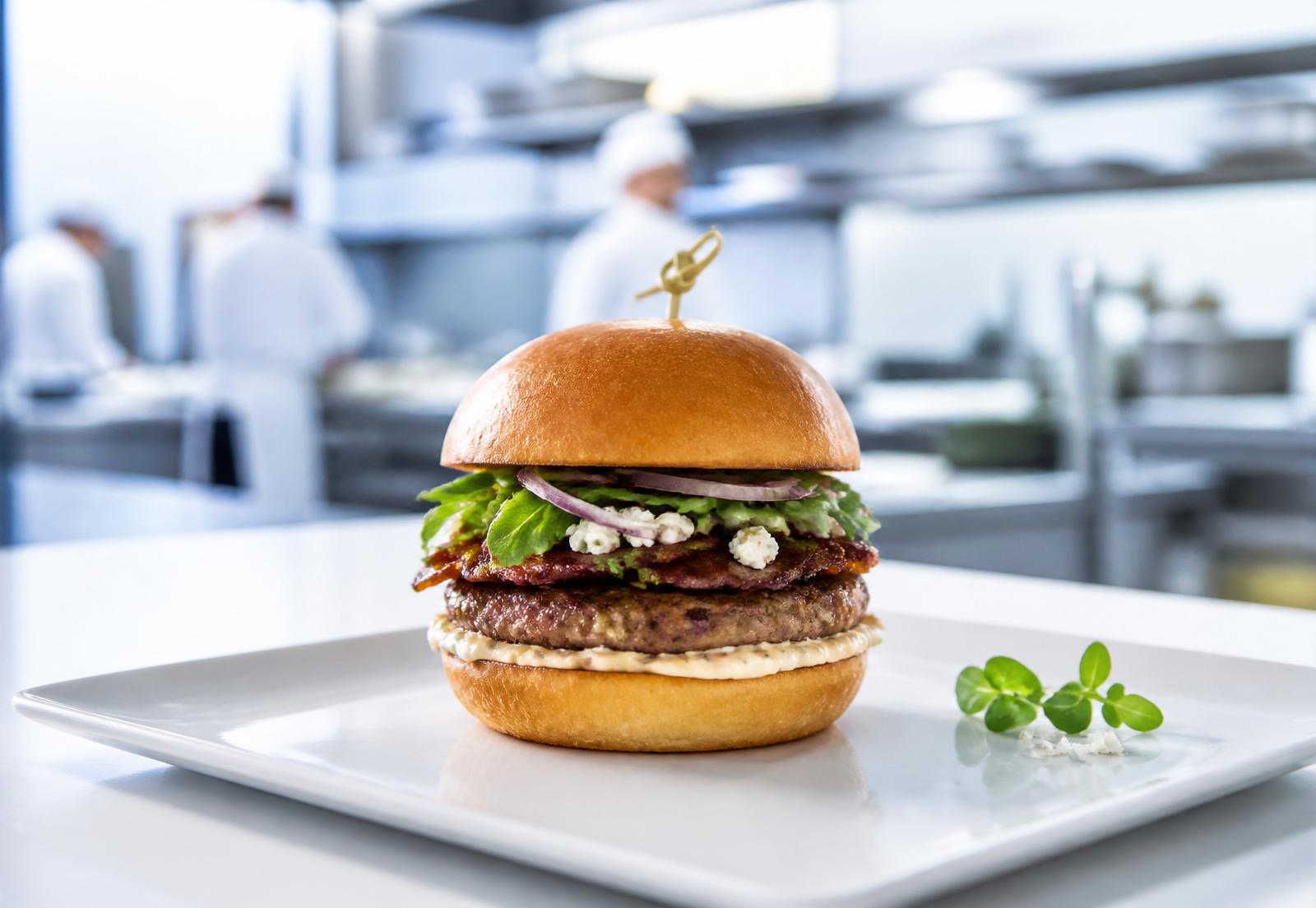 Hamburguesa premium en bollo brioche BRASNO, servida en cocina profesional